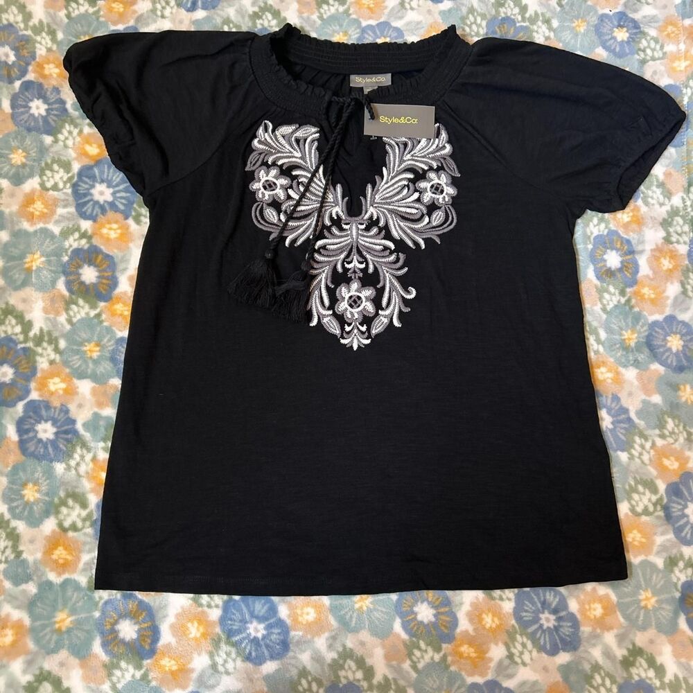 Style & Co Black and white embroidered short sleeve blouse with tassel detail